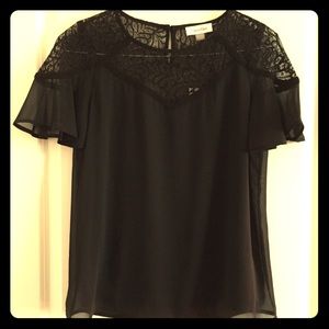 Calvin Klein chiffon top with lace yoke +shoulder